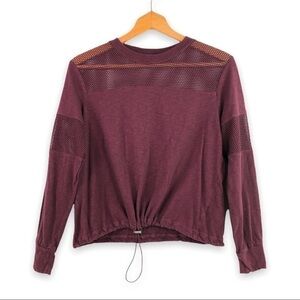 Maroon Mesh Panel, Cinch Waist Long Sleeve Athleisure Top - S